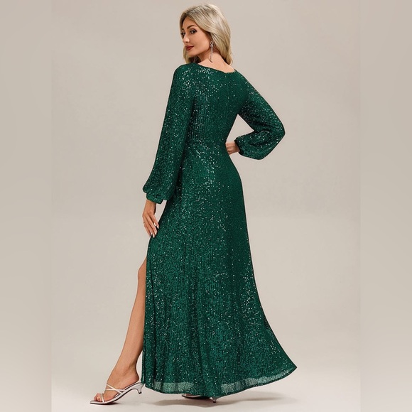 🆕Deep V-Neck Sequin Lantern Sleeve Evening Dress - Picture 2 of 2